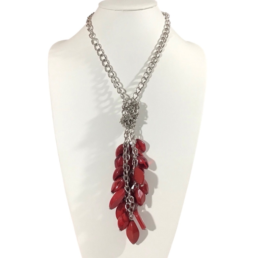 Chunky Beaded Necklace Silver Tone Chain Red Beads